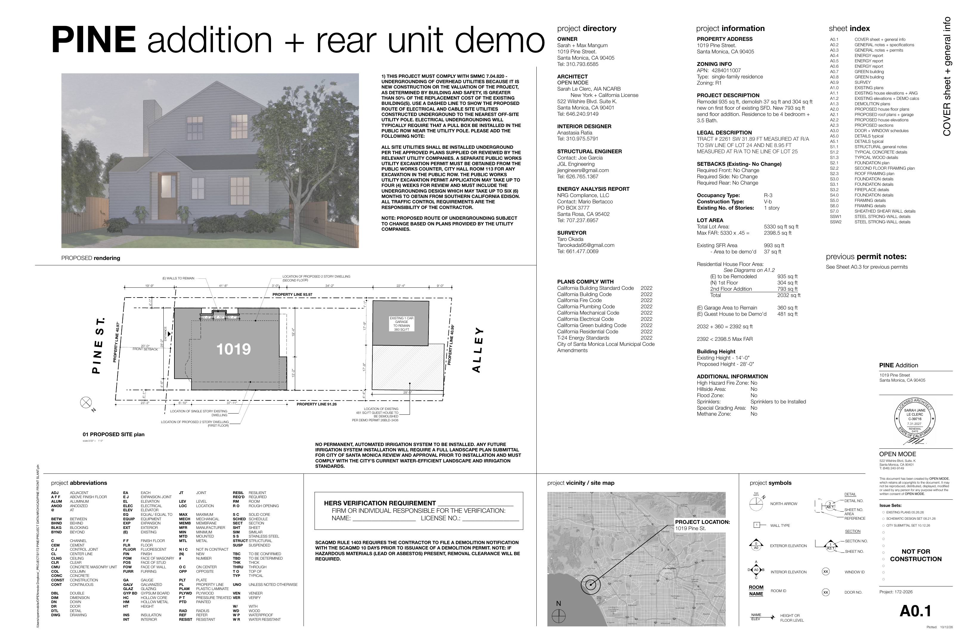 Sheet A0.1 — Cover sheet + site plan